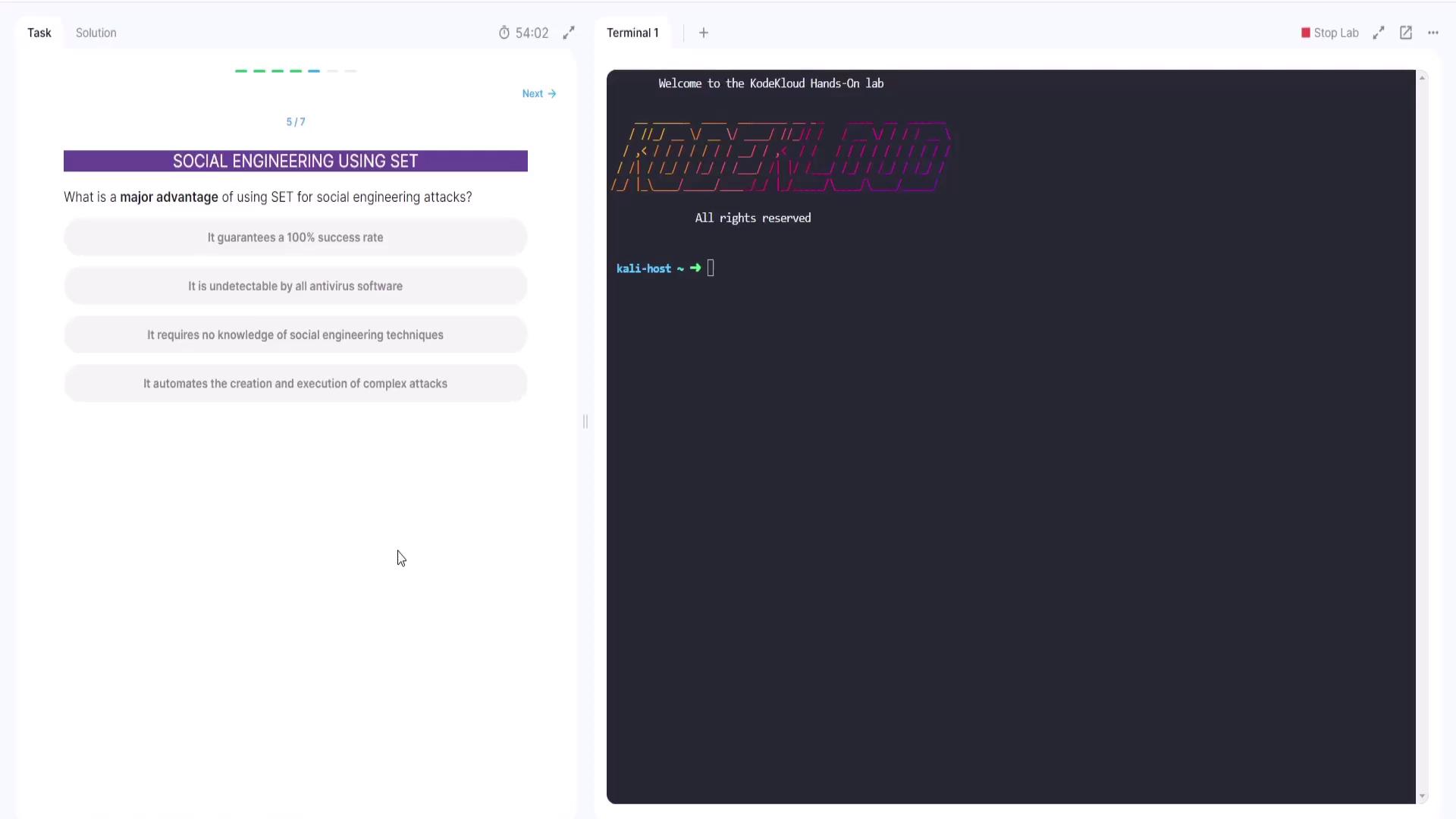 The image shows a question about the advantages of using SET for social engineering attacks, with multiple-choice answers, alongside a terminal window displaying a welcome message for a KodeKloud lab.