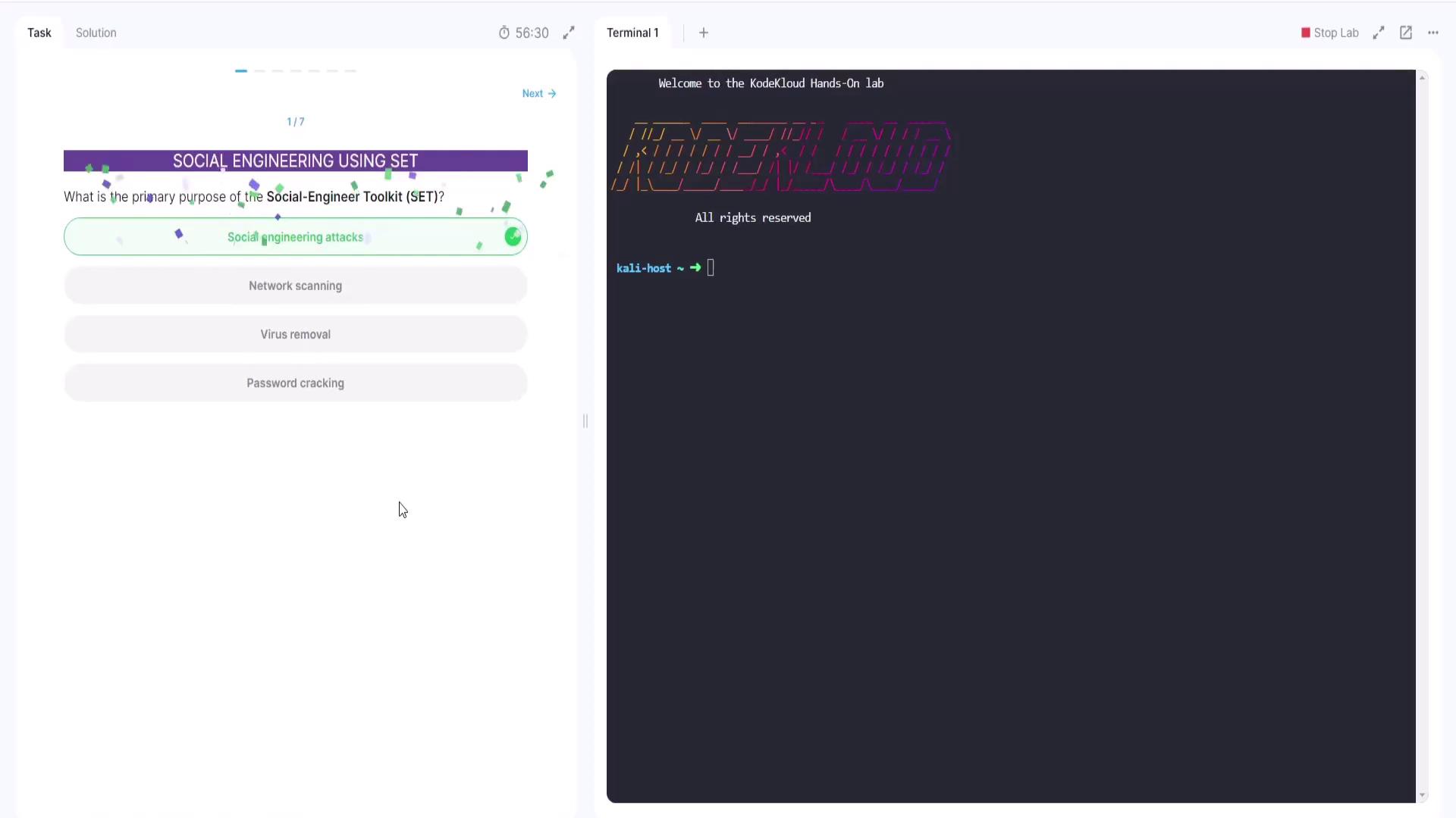 The image shows a quiz question about the primary purpose of the Social-Engineer Toolkit (SET), with "Social engineering attacks" selected as the answer. On the right, there's a terminal window with the KodeKloud Hands-On lab interface.