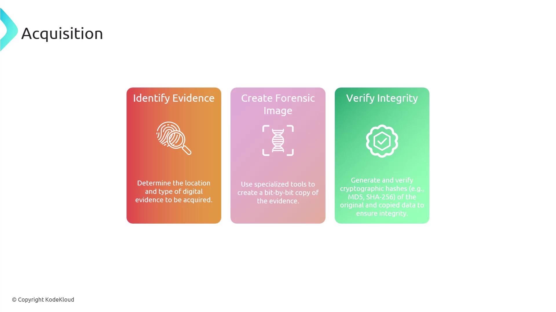 The image outlines the process of digital evidence acquisition, including identifying evidence, creating a forensic image, and verifying integrity. Each step is briefly described with icons and text.