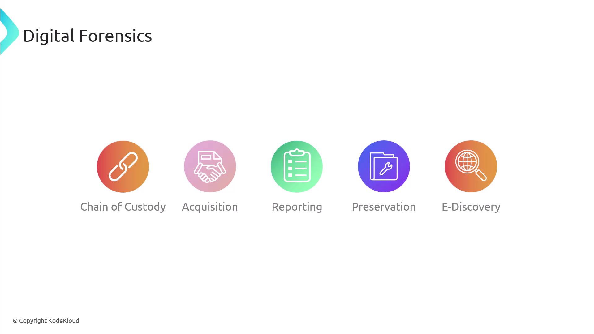 The image illustrates key components of digital forensics, including Chain of Custody, Acquisition, Reporting, Preservation, and E-Discovery, each represented by an icon.