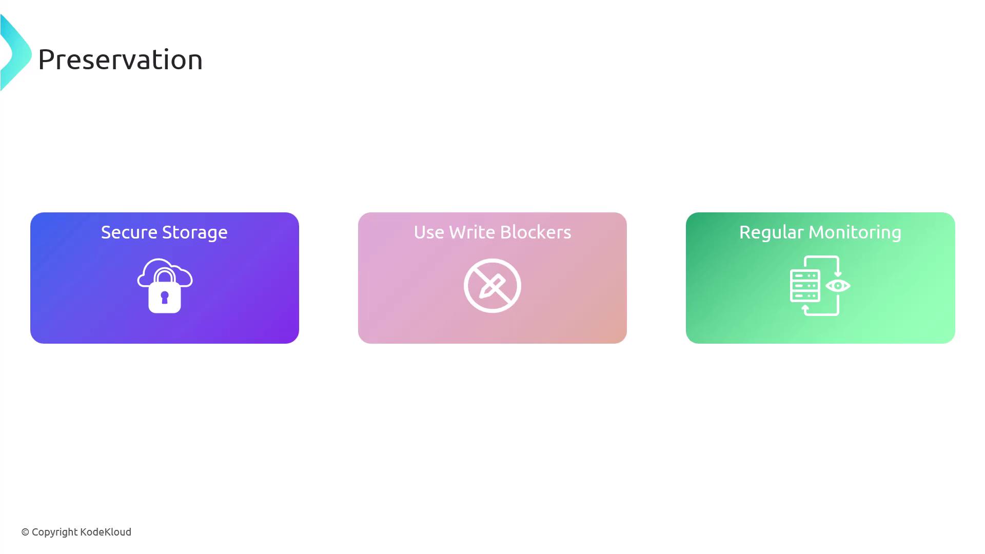 The image outlines three preservation strategies: Secure Storage, Use Write Blockers, and Regular Monitoring, each represented by a colored rectangle with an icon.