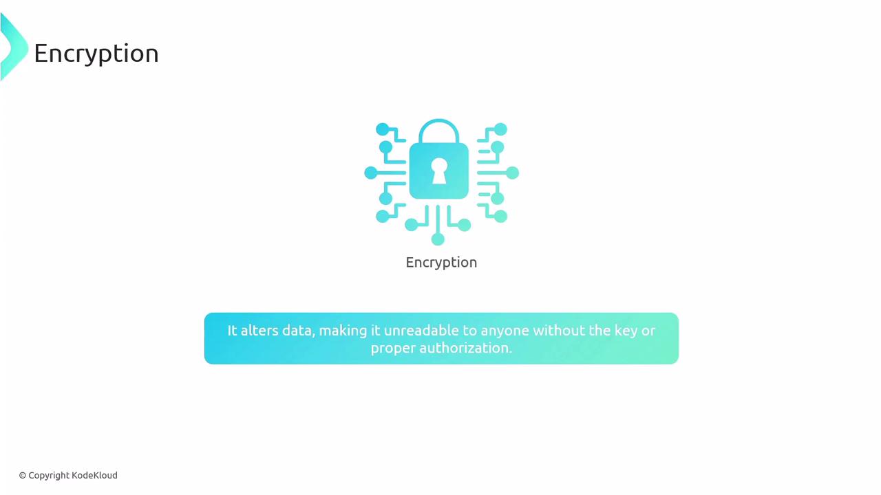 The image illustrates the concept of encryption with a lock icon and circuitry, explaining that it alters data to make it unreadable without proper authorization.
