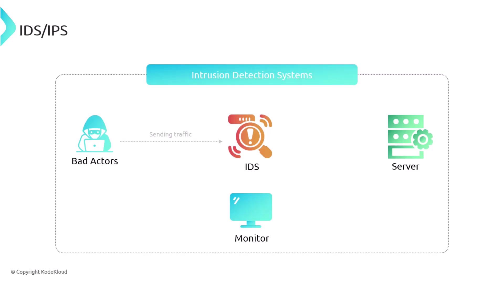 The image illustrates a network security concept involving Intrusion Detection Systems (IDS), showing the flow of traffic from "Bad Actors" to a "Server," with monitoring by IDS.