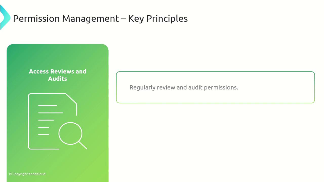 The image is a slide titled "Permission Management – Key Principles," focusing on "Access Reviews and Audits" with a note to regularly review and audit permissions.