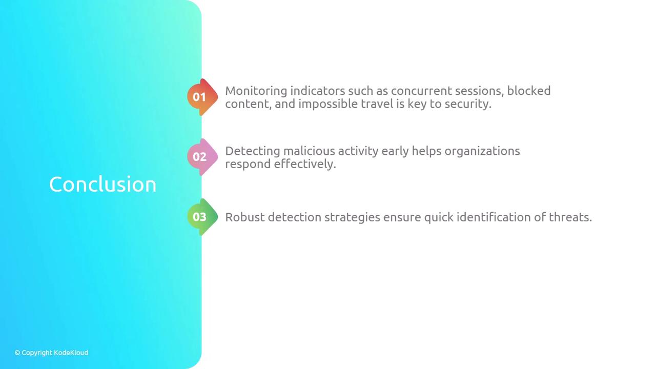 The image is a conclusion slide highlighting three key points about security: monitoring indicators, early detection of malicious activity, and robust detection strategies. It features a gradient background with numbered points.