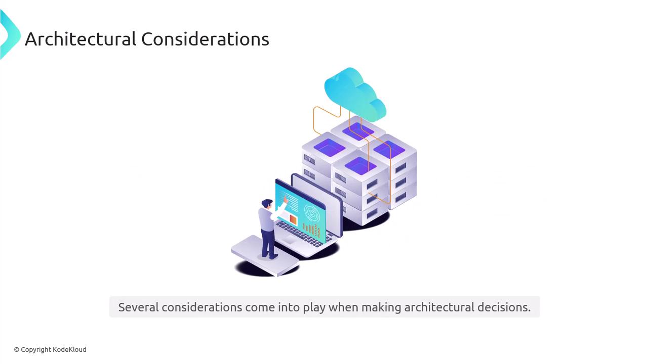 The image illustrates a person interacting with a computer, connected to servers and a cloud, under the title "Architectural Considerations." It suggests that several factors are involved in making architectural decisions.