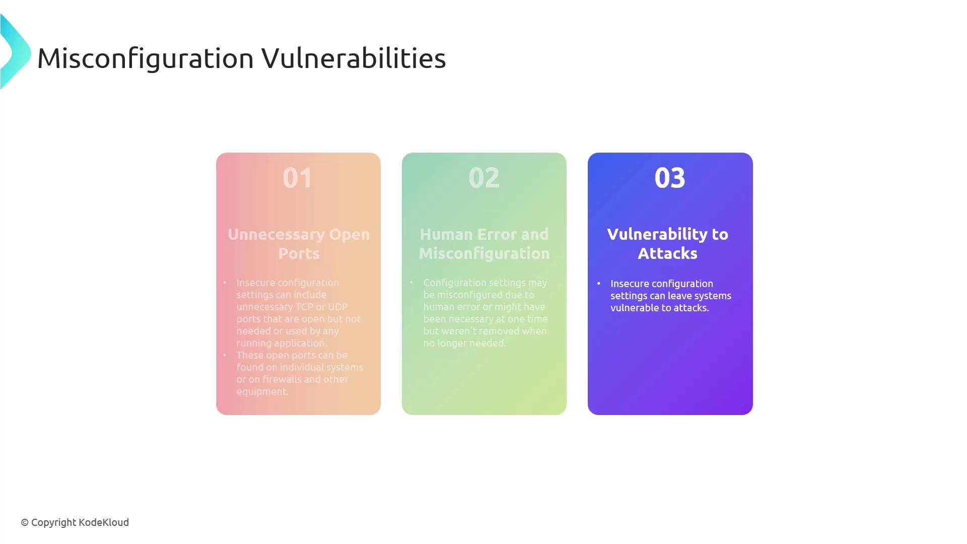 The image lists three misconfiguration vulnerabilities: unnecessary open ports, human error and misconfiguration, and vulnerability to attacks. Each point is briefly explained in separate colored boxes.