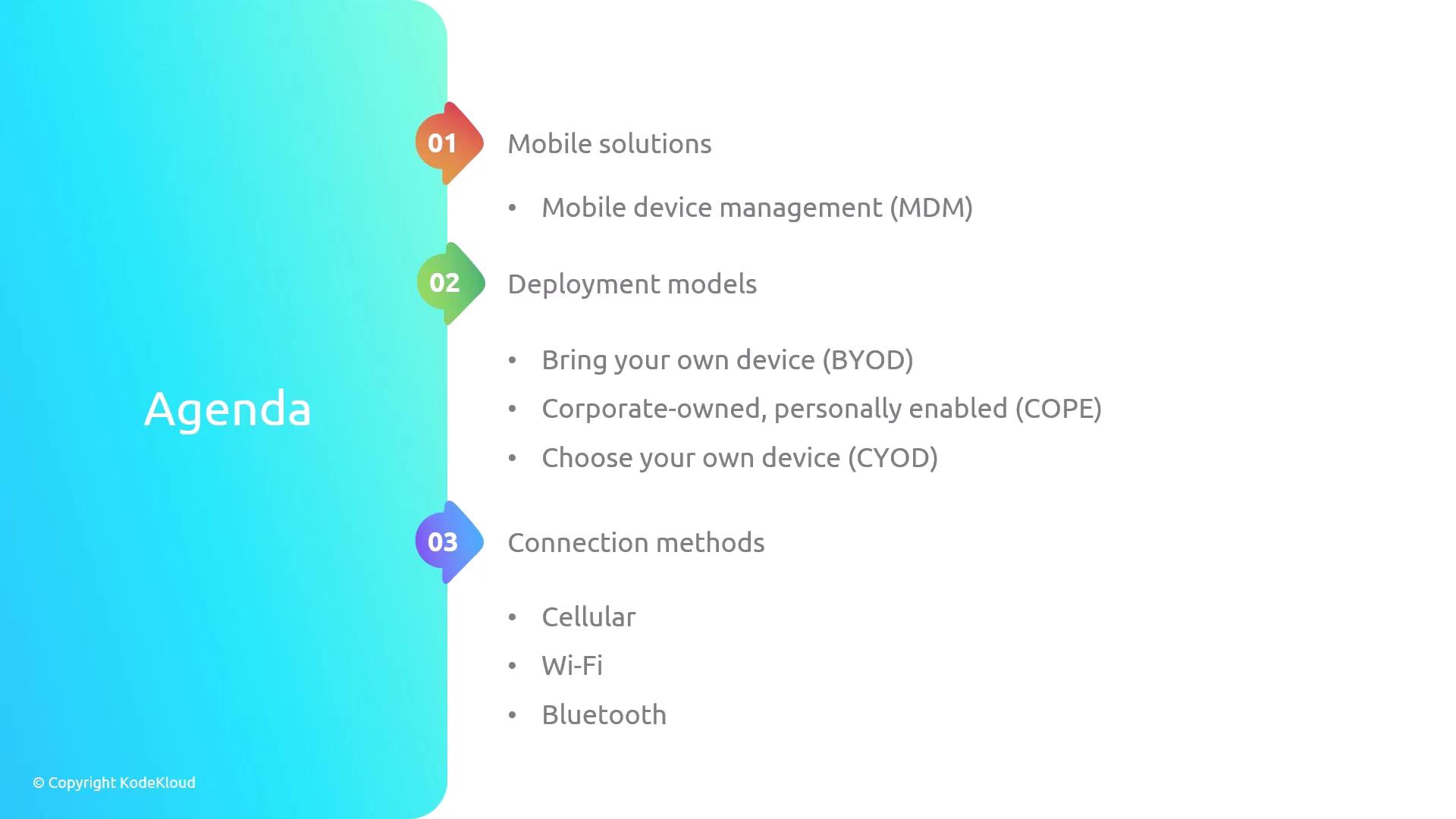 The image is an agenda slide outlining three topics: mobile solutions, deployment models, and connection methods, with subpoints for each. It features a gradient background and numbered sections.