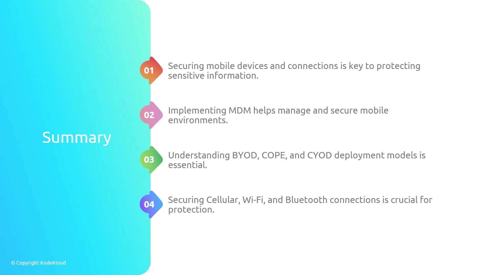 The image is a summary slide highlighting key points about mobile security, including securing devices, implementing MDM, understanding deployment models, and securing connections.