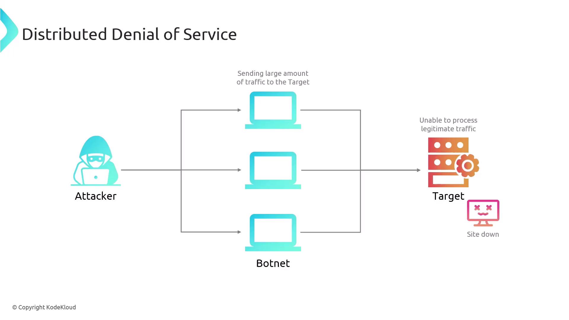 The image illustrates a Distributed Denial of Service (DDoS) attack, showing an attacker using a botnet to overwhelm a target server, causing it to go down.