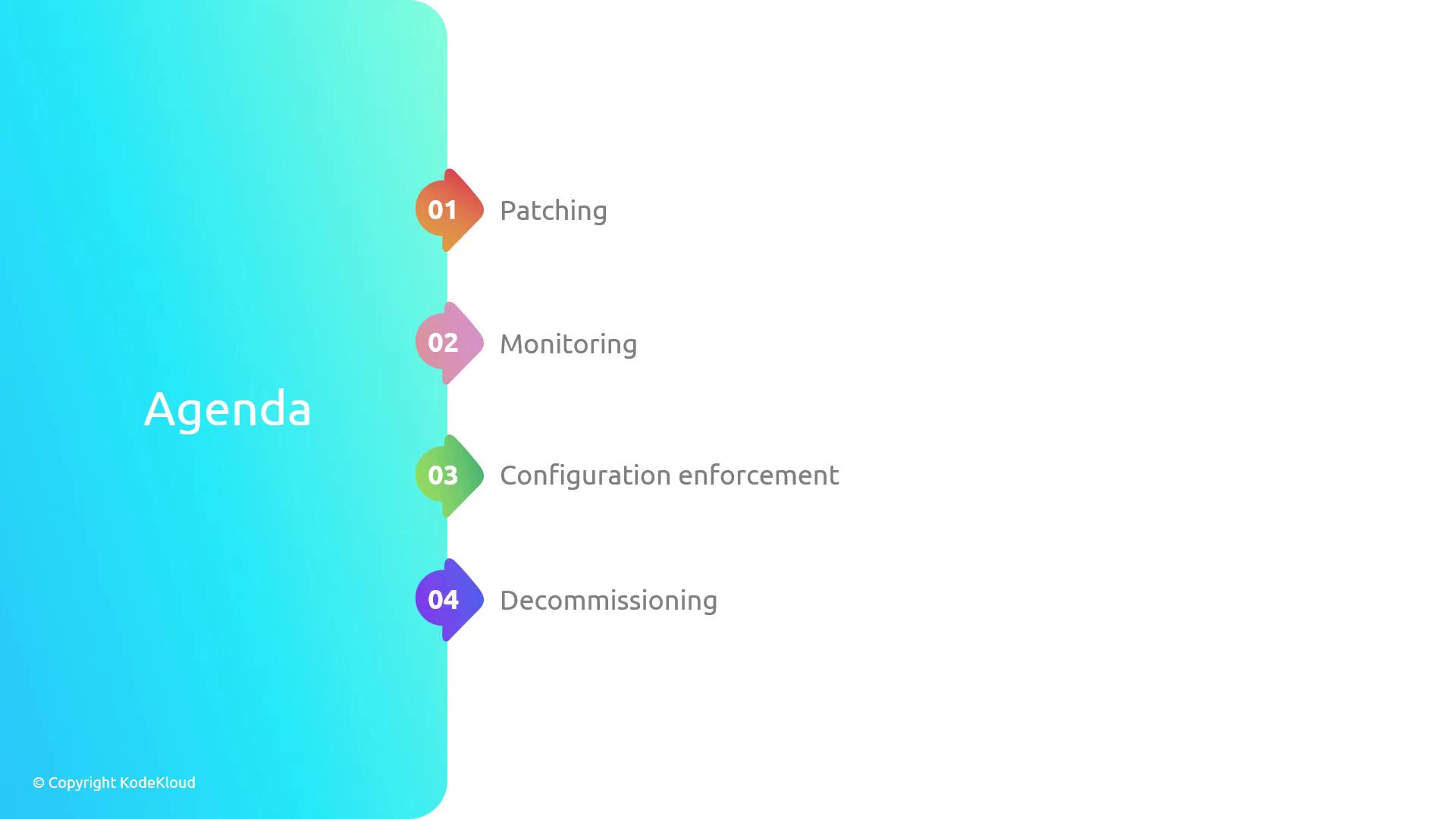 The image shows an agenda with four items: Patching, Monitoring, Configuration enforcement, and Decommissioning, each numbered and color-coded.