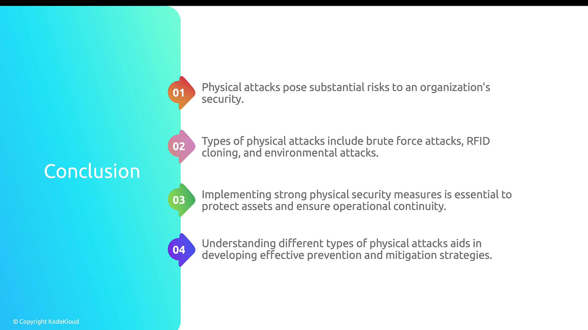 The image is a conclusion slide highlighting the risks of physical attacks to organizational security, types of attacks, the importance of strong security measures, and understanding attack types for effective prevention.