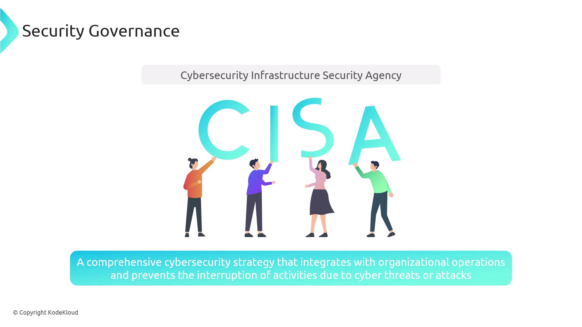 The image features the acronym "CISA" held by four illustrated people, with the text "Cybersecurity Infrastructure Security Agency" and a description of a comprehensive cybersecurity strategy.