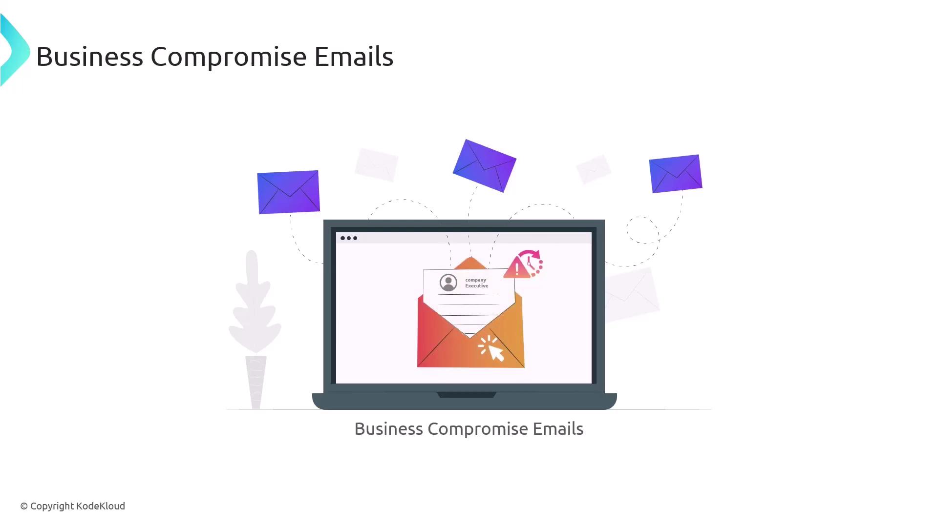The image depicts a laptop displaying an email with a warning symbol, surrounded by floating envelopes, illustrating the concept of business compromise emails.