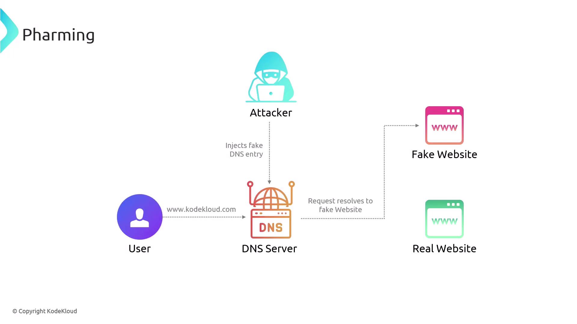 The image illustrates a pharming attack, where an attacker injects a fake DNS entry, redirecting a user's request from a real website to a fake one.