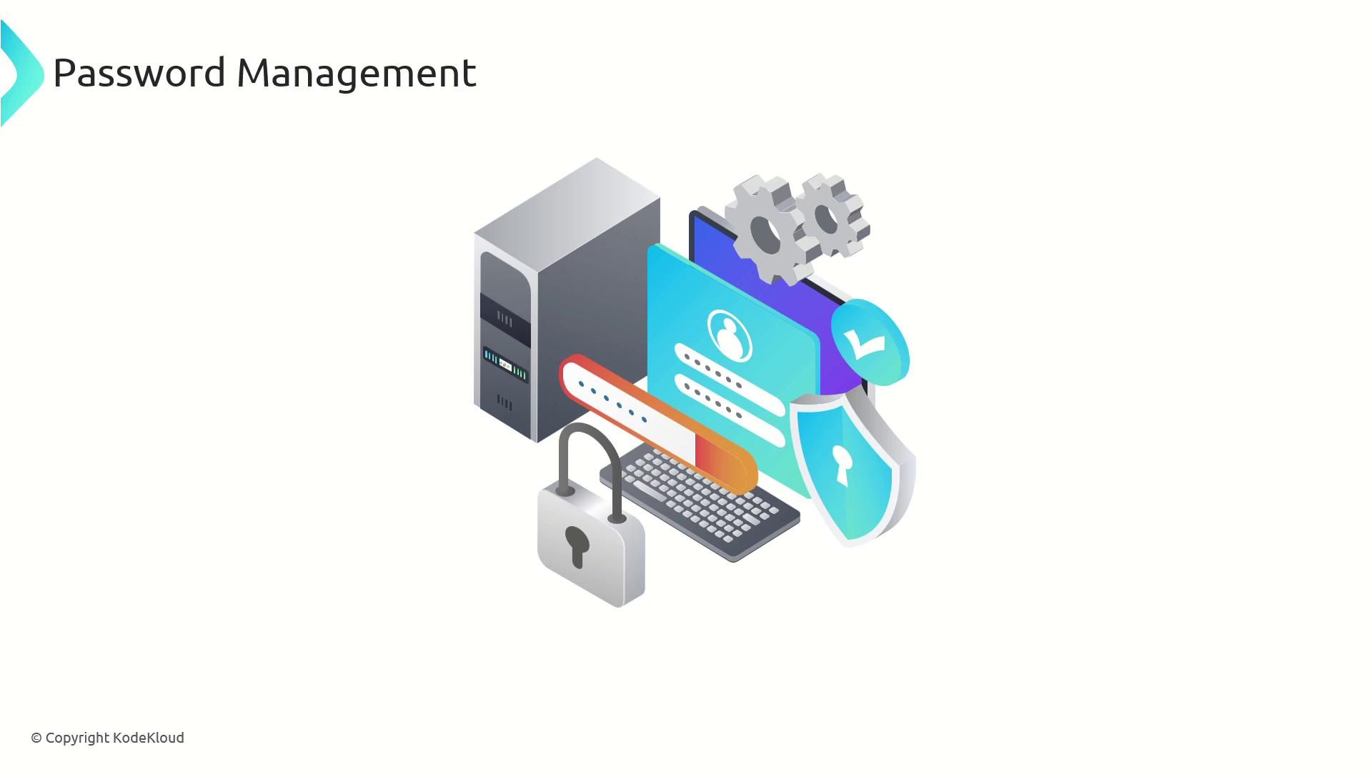 The image illustrates password management, featuring a server, a keyboard, a lock, a shield, and a gear, symbolizing security and system settings.