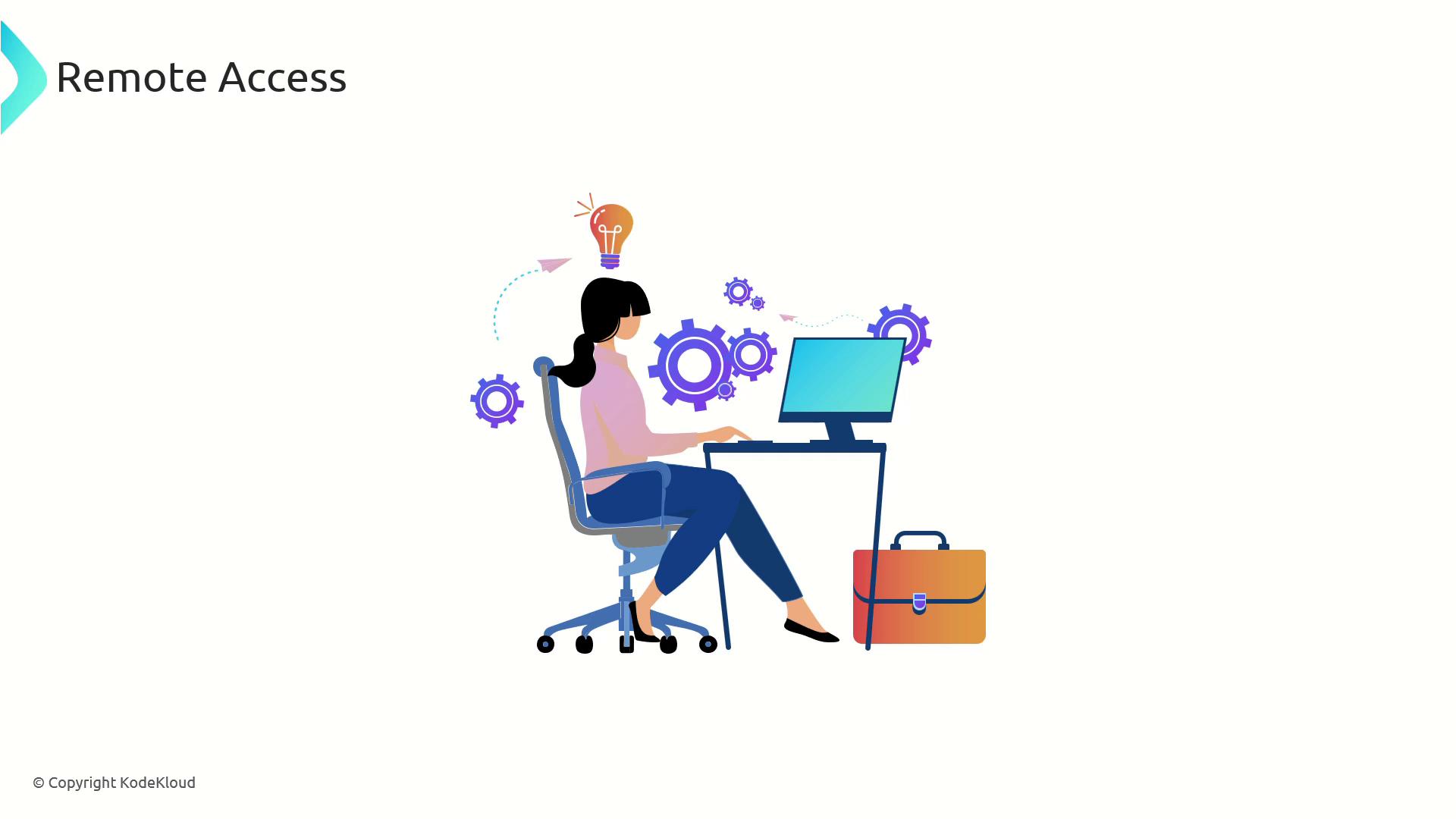 The image depicts a person sitting at a desk using a computer, surrounded by gears and a lightbulb, symbolizing ideas and remote access. A briefcase is placed beside the desk.