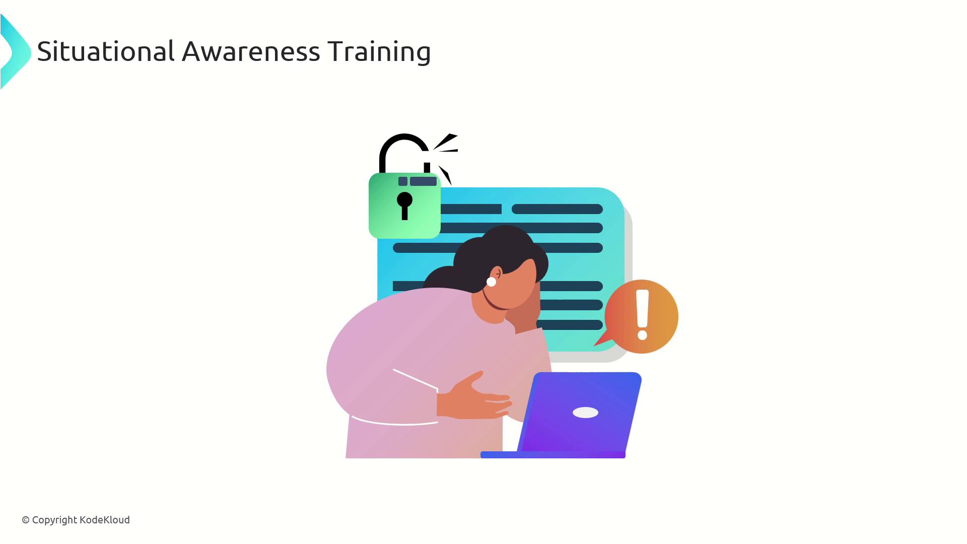 The image depicts a person using a laptop with a lock symbol and an exclamation mark, suggesting a focus on security awareness. The text "Situational Awareness Training" is displayed at the top.