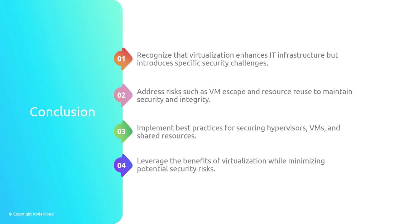 The image is a conclusion slide outlining four key points about virtualization, focusing on security challenges, risk management, best practices, and leveraging benefits. The slide has a gradient background with numbered points.