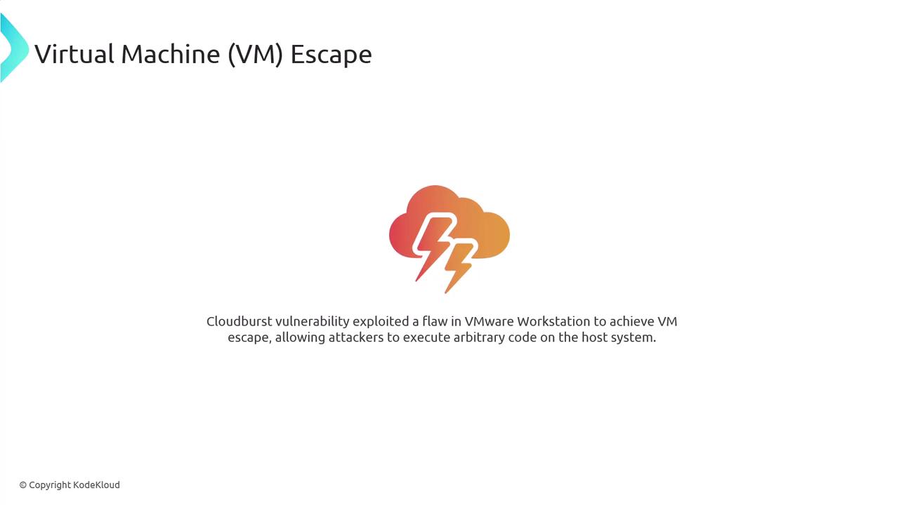 The image discusses a "Virtual Machine (VM) Escape" vulnerability, specifically the Cloudburst flaw in VMware Workstation, which allows attackers to execute arbitrary code on the host system.