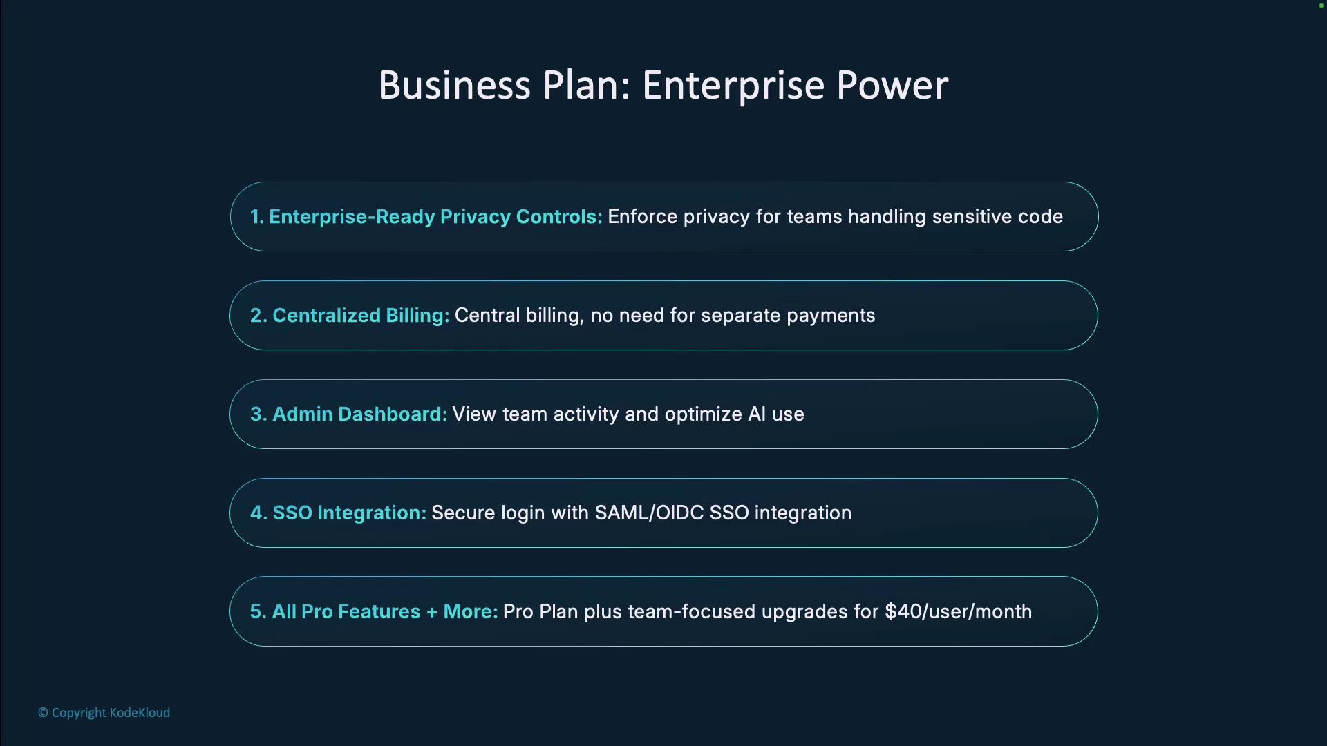 The image outlines features of a business plan called "Enterprise Power," including privacy controls, centralized billing, an admin dashboard, SSO integration, and additional pro features.
