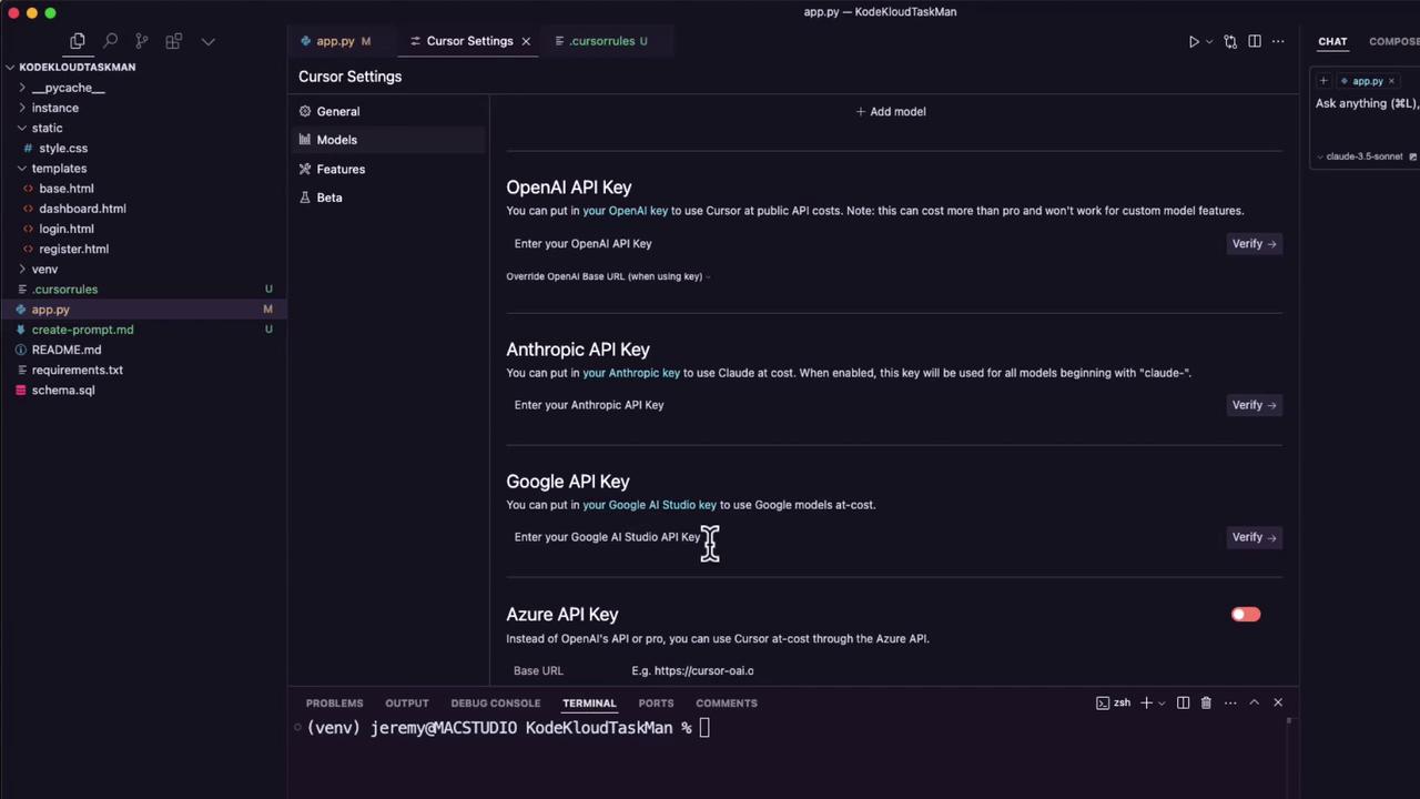 The image shows a code editor interface with a file directory on the left and a "Cursor Settings" panel on the right, displaying options for entering various API keys.