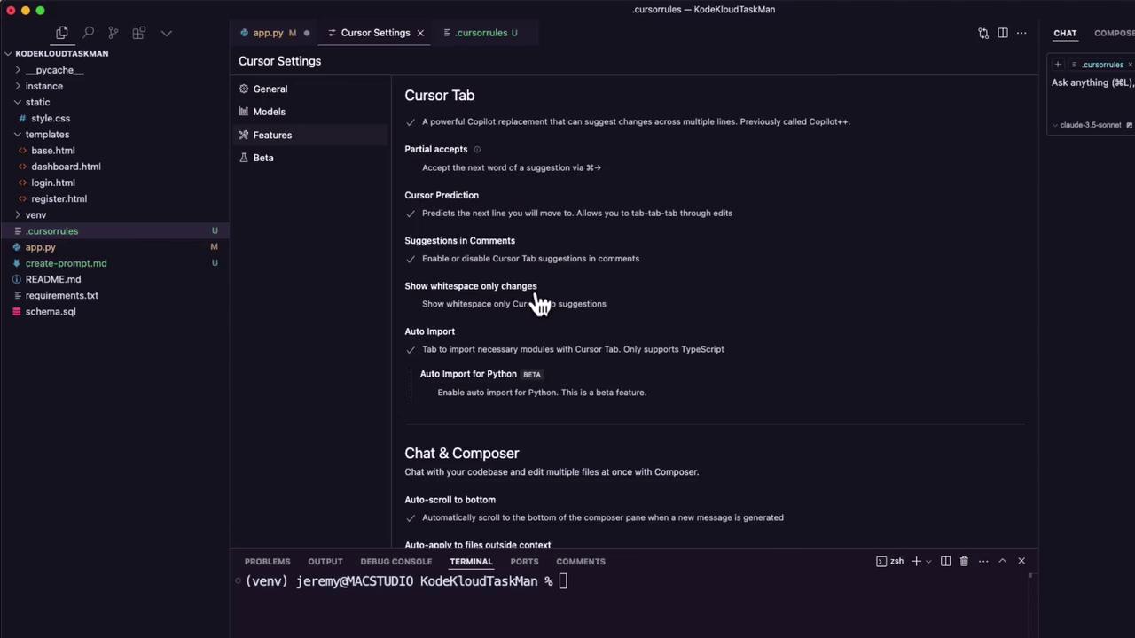 The image shows a code editor interface with a file directory on the left and "Cursor Settings" options in the center. The terminal is visible at the bottom, and a chat panel is on the right.