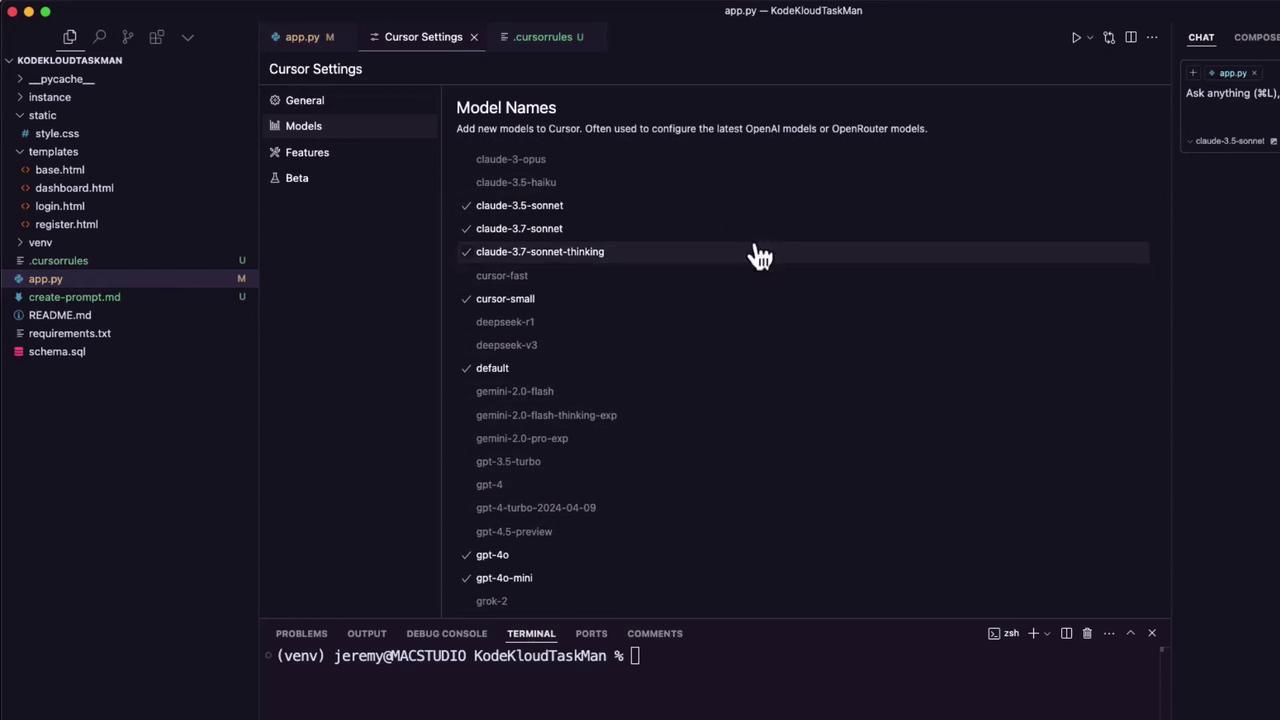 The image shows a code editor interface with a file directory on the left and a "Cursor Settings" panel on the right, displaying a list of model names. The terminal is visible at the bottom.