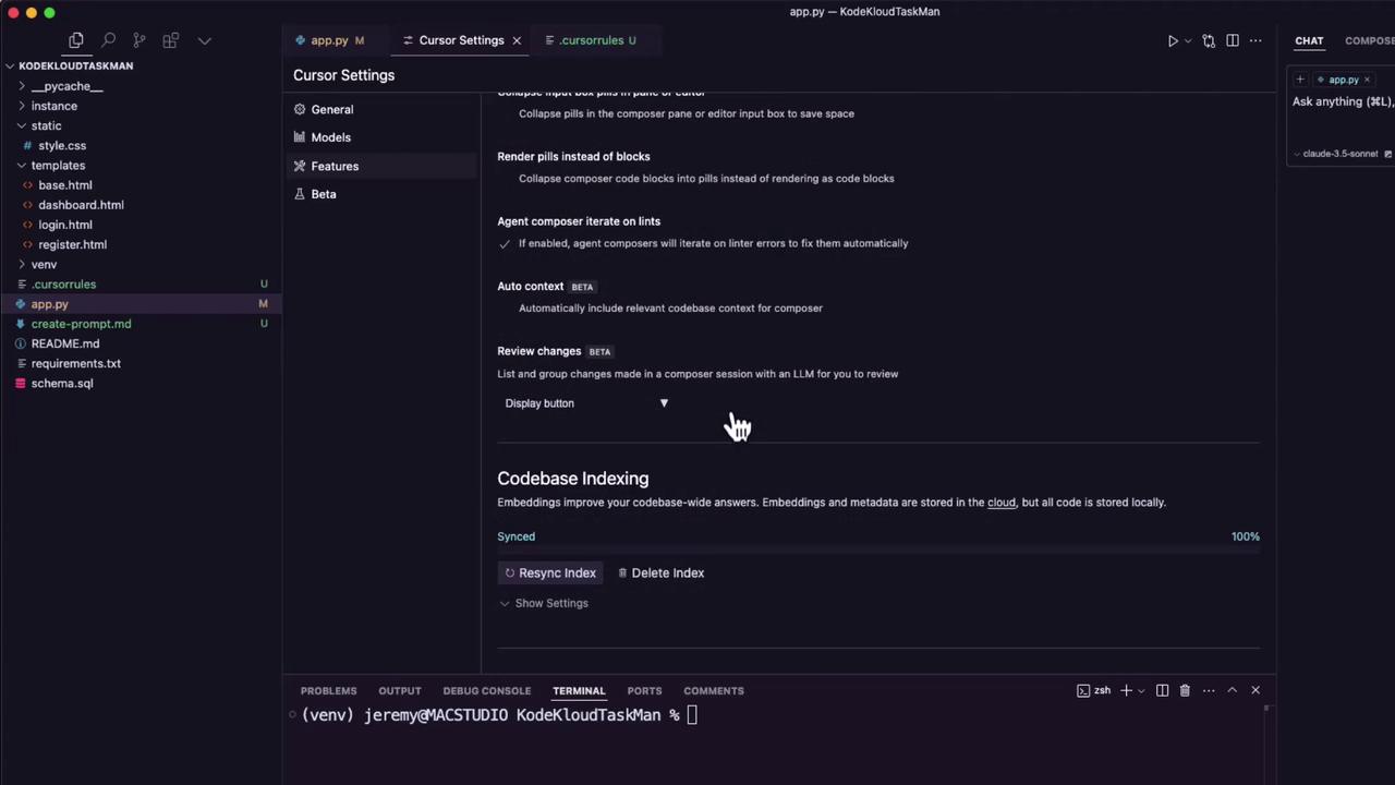 The image shows a code editor interface with a file directory on the left and "Cursor Settings" options in the center. The terminal is visible at the bottom, displaying a command prompt.