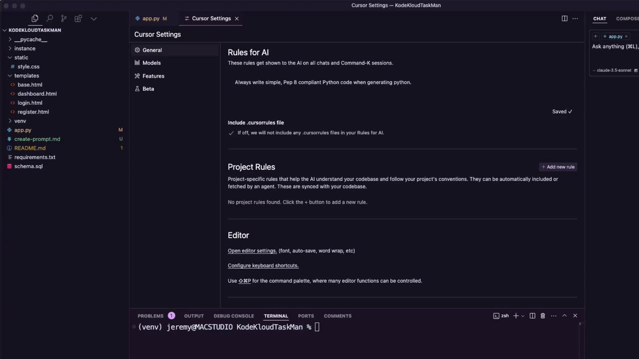 The image shows a code editor interface with a file directory on the left and a "Cursor Settings" panel on the right, displaying rules for AI and project settings. The terminal at the bottom shows a command prompt.