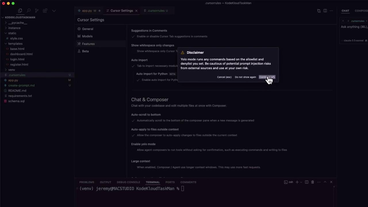 The image shows a code editor interface with a "Cursor Settings" menu open, displaying options for features and a disclaimer about "Yolo mode." A file directory is visible on the left side.