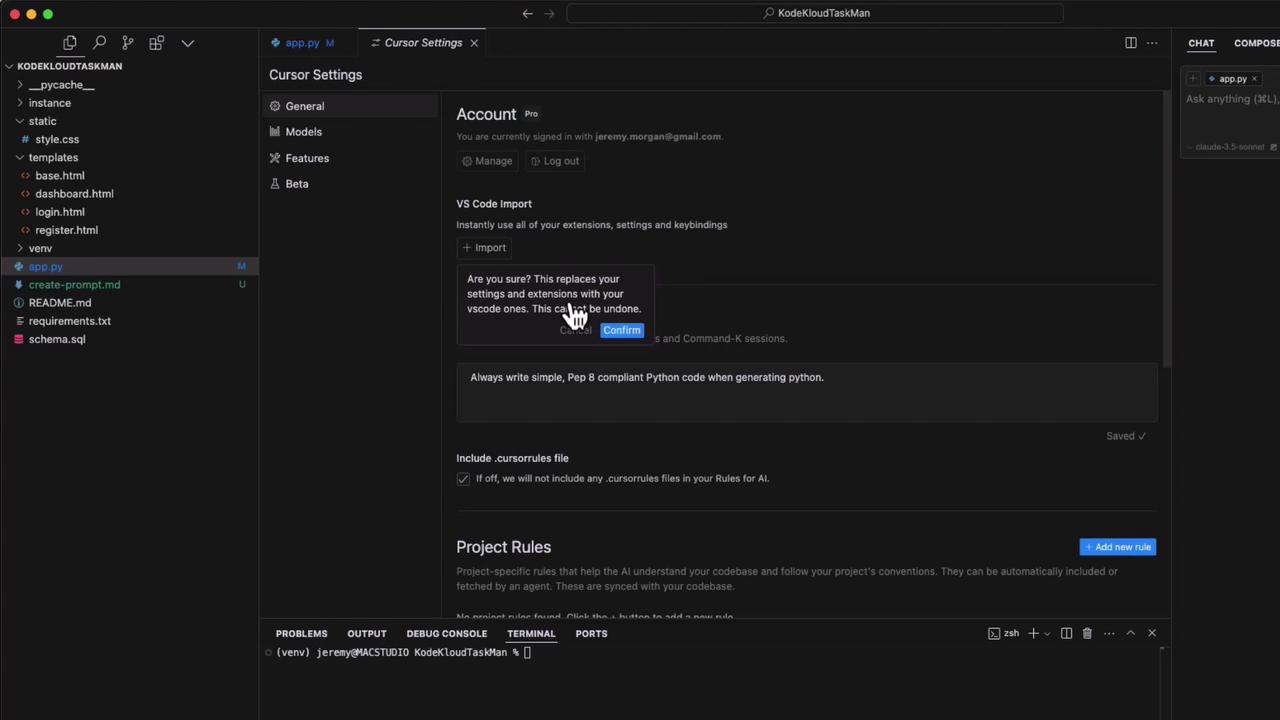 The image shows a dark-themed code editor interface with a file explorer on the left and a settings panel on the right, where a confirmation dialog is open for importing VS Code settings.