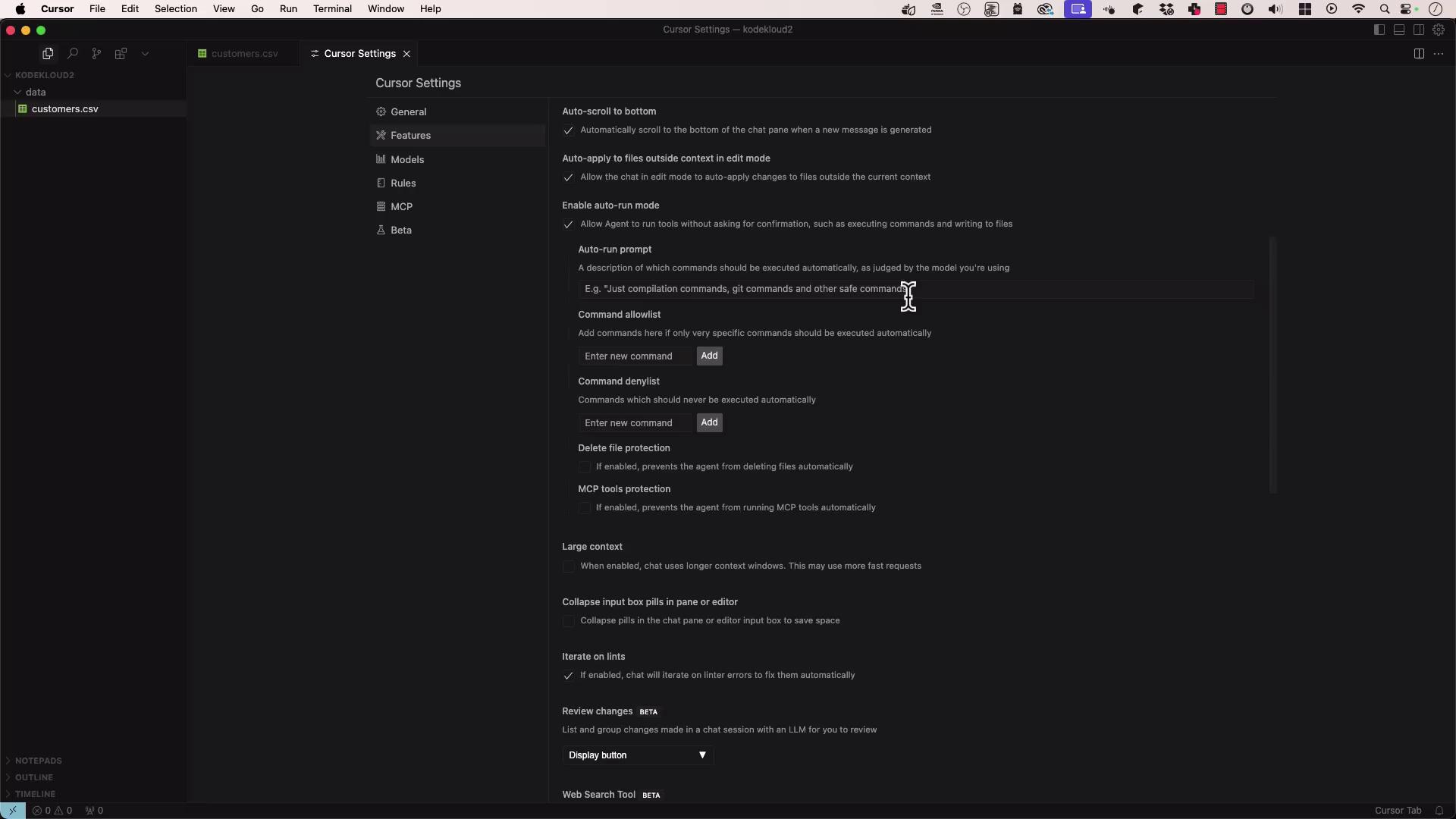 The image shows a software interface with a dark theme, displaying a "Cursor Settings" menu with various options related to auto-run mode, command allowlist/denylist, and file protection. A file named "customers.csv" is open in the sidebar.