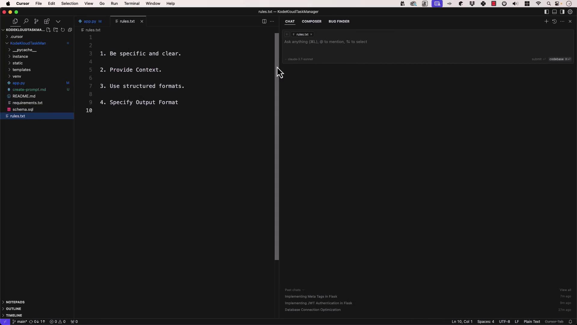 The image shows a code editor with a file named "rules.txt" open, displaying a list of guidelines such as "Be specific and clear" and "Provide Context." The interface includes a sidebar with project files and a chat or command input area on the right.
