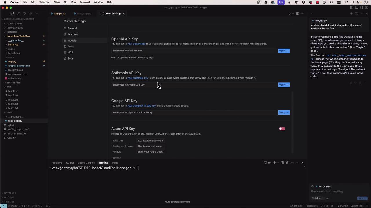 The image shows a code editor interface with a "Cursor Settings" panel open, displaying options for entering API keys for OpenAI, Anthropic, Google, and Azure. The left sidebar lists project files, and a terminal is visible at the bottom.