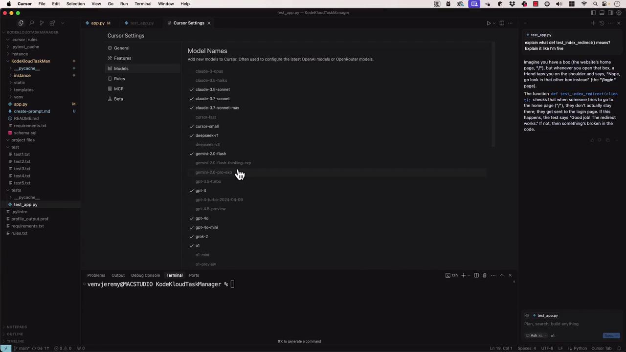 The image shows a code editor with a file directory on the left and a "Cursor Settings" window in the center, listing various model names. A terminal is open at the bottom, and a chat-like explanation is visible on the right.