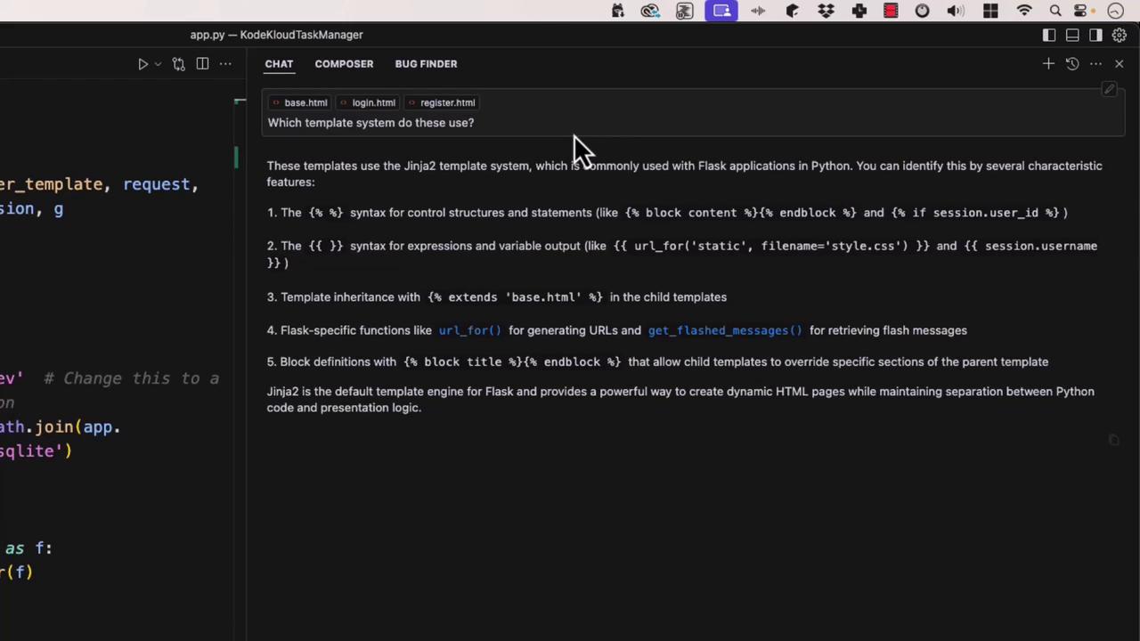 The image shows a code editor with a Python file open on the left and a chat interface on the right, discussing the Jinja2 template system used in Flask applications.