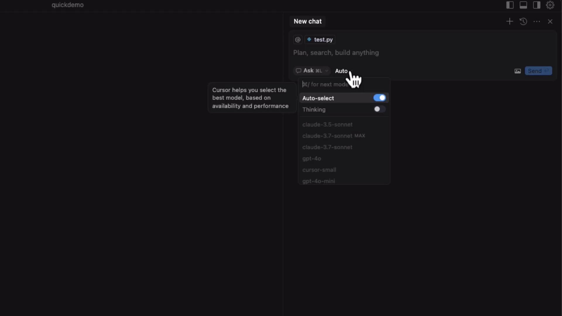 The image shows a software interface with a dropdown menu for selecting AI models, including options like "Auto-select" and various model names. A tooltip explains that the cursor helps select the best model based on availability and performance.