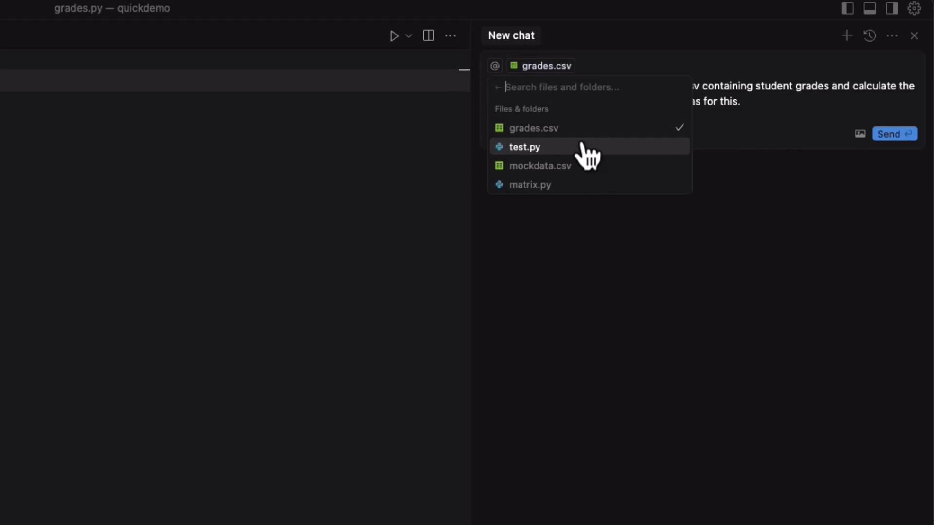 The image shows a dark-themed code editor with a file selection dropdown, highlighting a file named "test.py" among other files like "grades.csv" and "matrix.py". A chat window on the right contains a prompt about processing student grades.