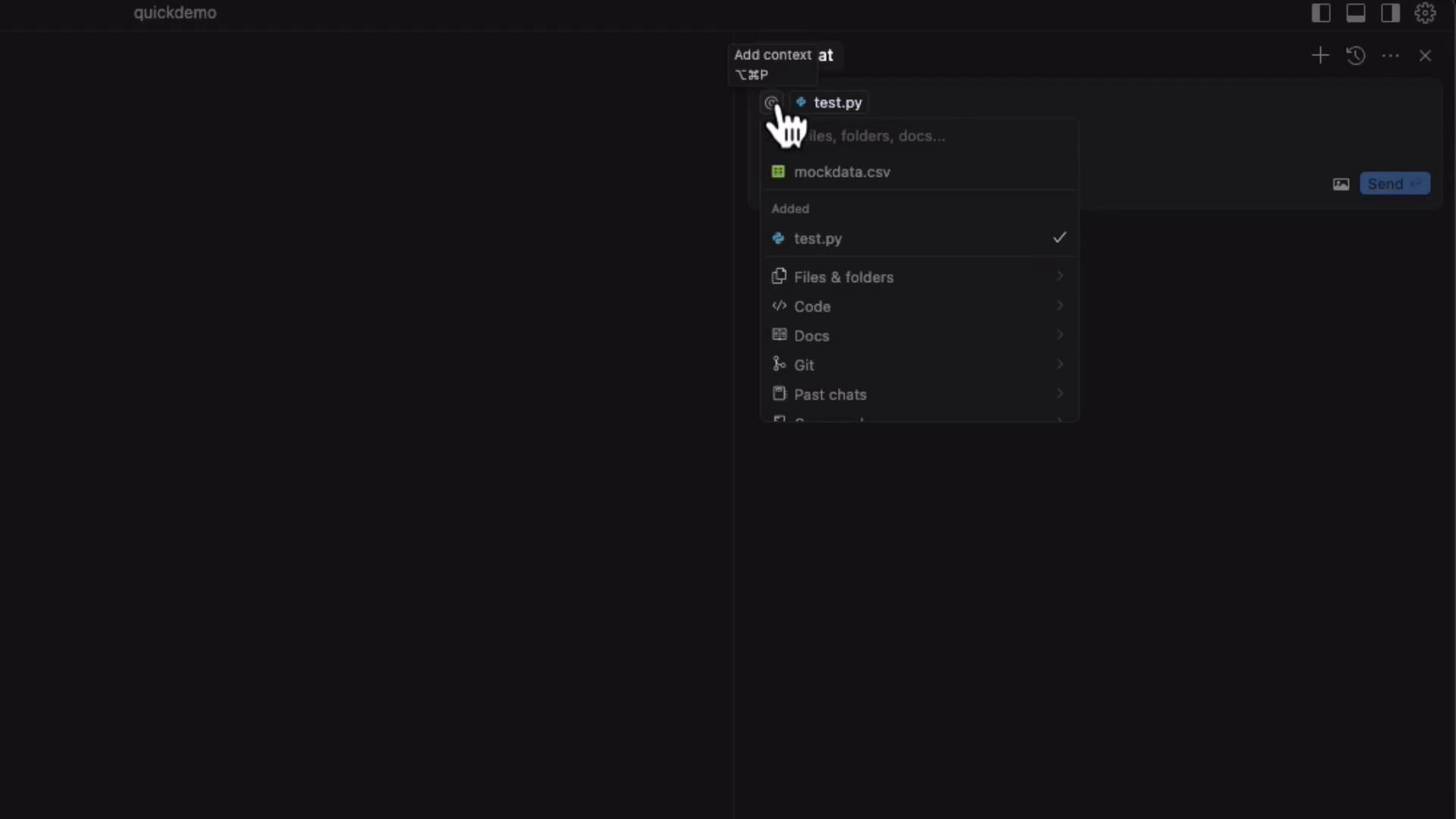 The image shows a dark-themed interface with a context menu open, displaying options like "test.py" and "mockdata.csv" under "Add context." A cursor is hovering over "test.py."