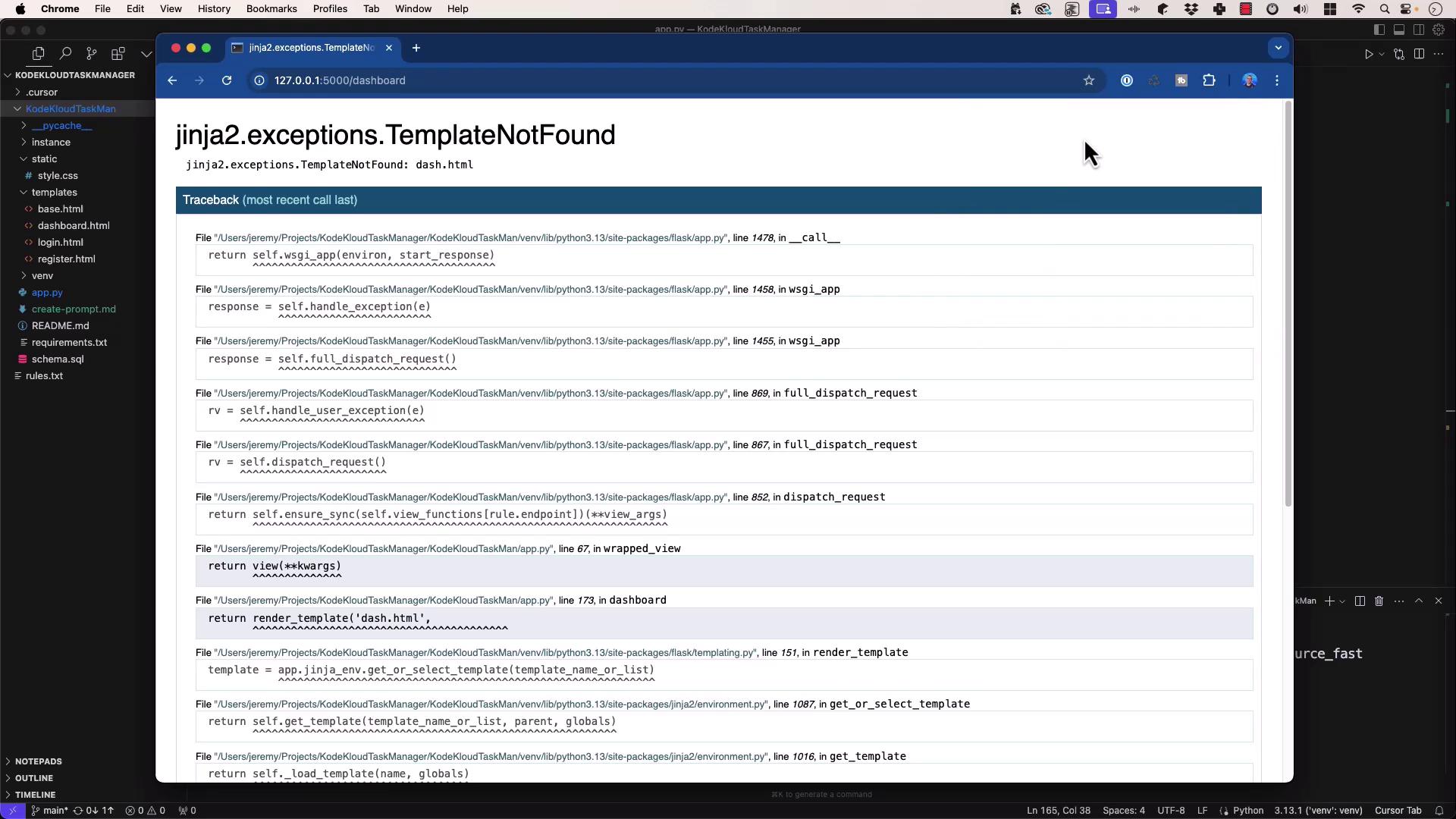 The image shows a web browser displaying a Jinja2 "TemplateNotFound" error for "dash.html" with a traceback of the error. On the left, there's a file explorer showing project files in a code editor.