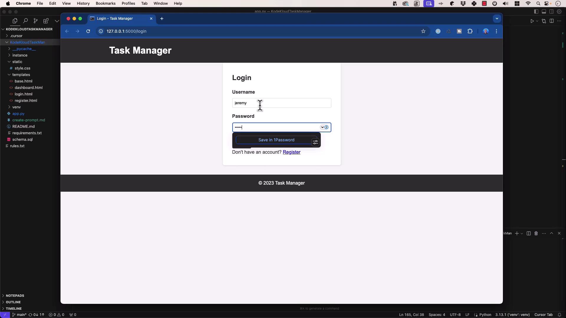 The image shows a login page for a "Task Manager" application with fields for username and password. The browser window is open alongside a code editor displaying project files.