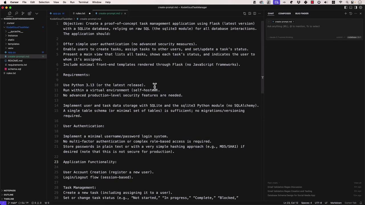 The image shows a code editor with a markdown file open, detailing the objectives and requirements for creating a task management application using Flask and SQLite. The editor sidebar displays a project directory structure.