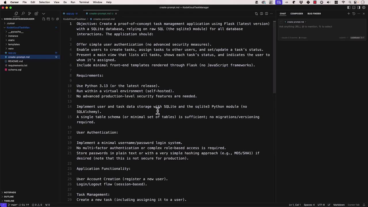 The image shows a code editor with a markdown file open, detailing the objectives and requirements for creating a task management application using Flask and SQLite. The editor interface includes a file explorer on the left and a chat or assistant panel on the right.