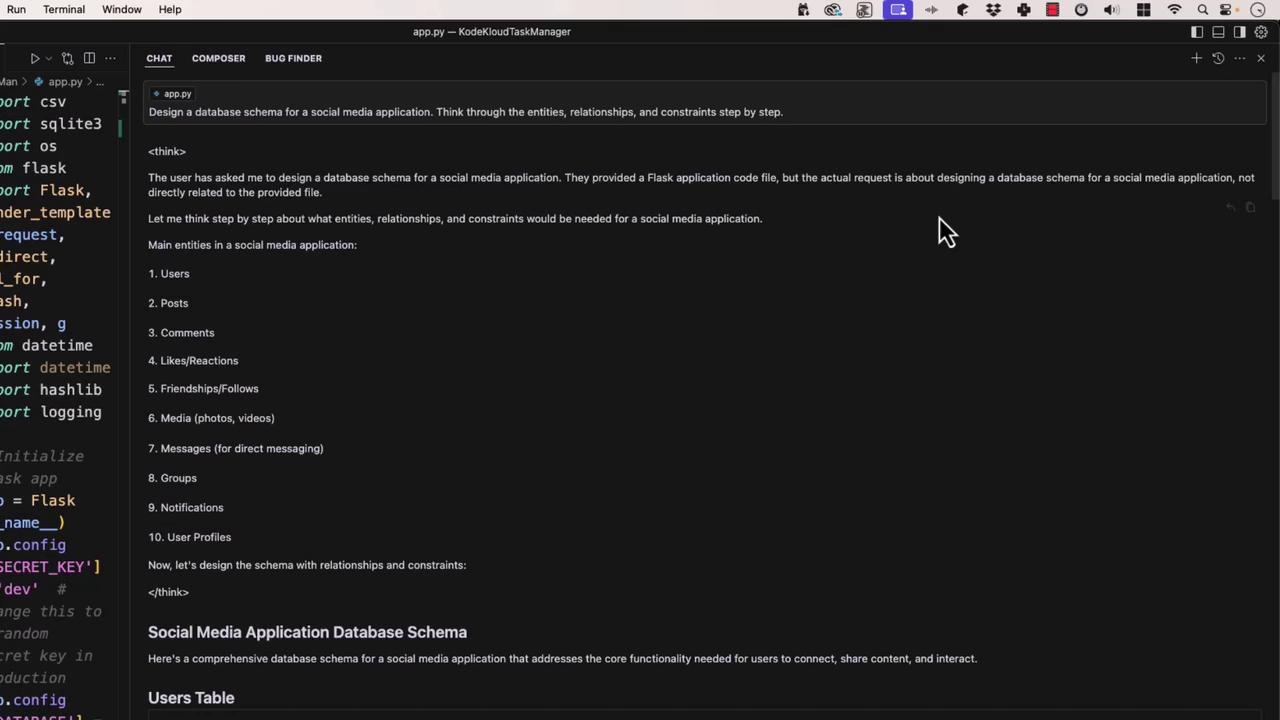 The image shows a code editor with a Python script for a Flask application on the left and a chat interface on the right discussing the design of a database schema for a social media application.