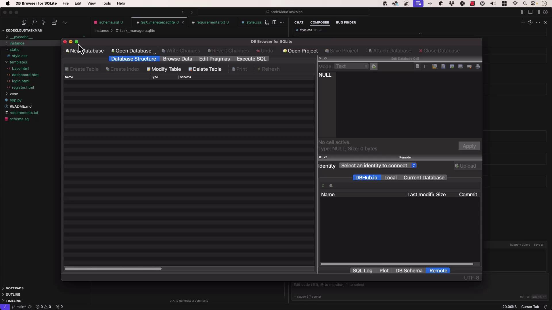 The image shows a screenshot of a code editor with a file directory on the left and a DB Browser for SQLite window open, displaying options for database management.