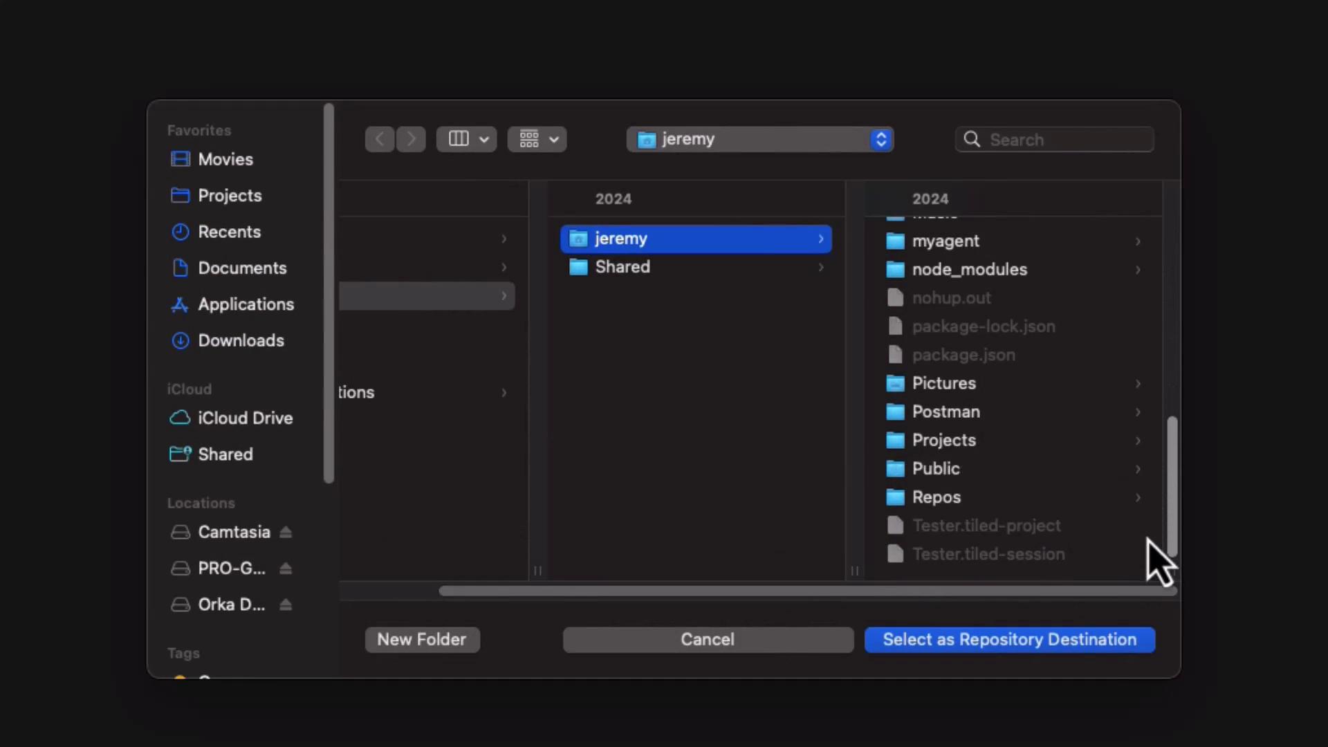 The image shows a computer file browser window with folders and files displayed, including a highlighted folder named "jeremy" under the year 2024. The interface includes options for selecting a repository destination.