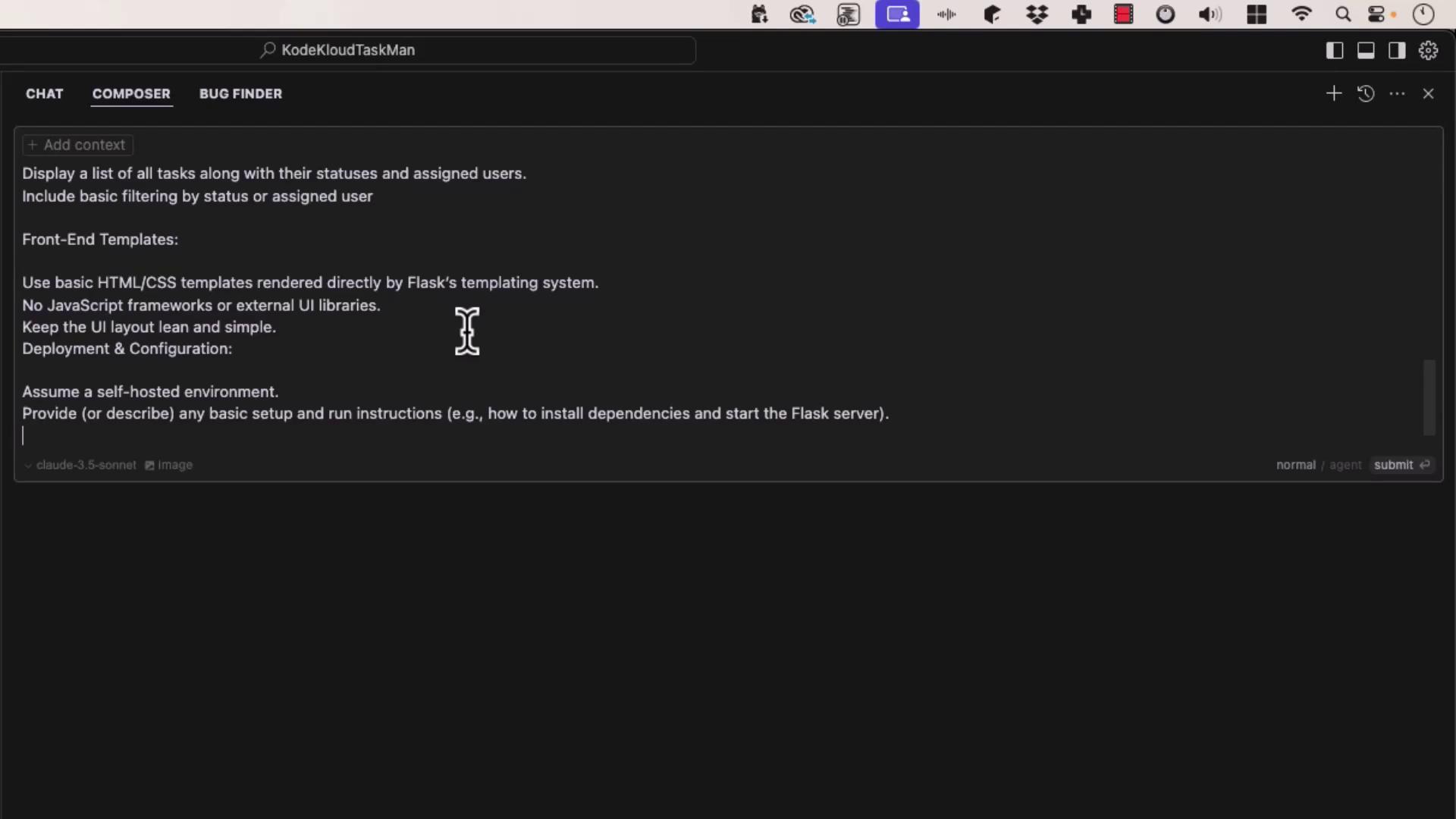 The image shows a dark-themed interface with text instructions for a task management application using Flask. It includes guidelines for displaying tasks, using basic HTML/CSS templates, and deployment in a self-hosted environment.