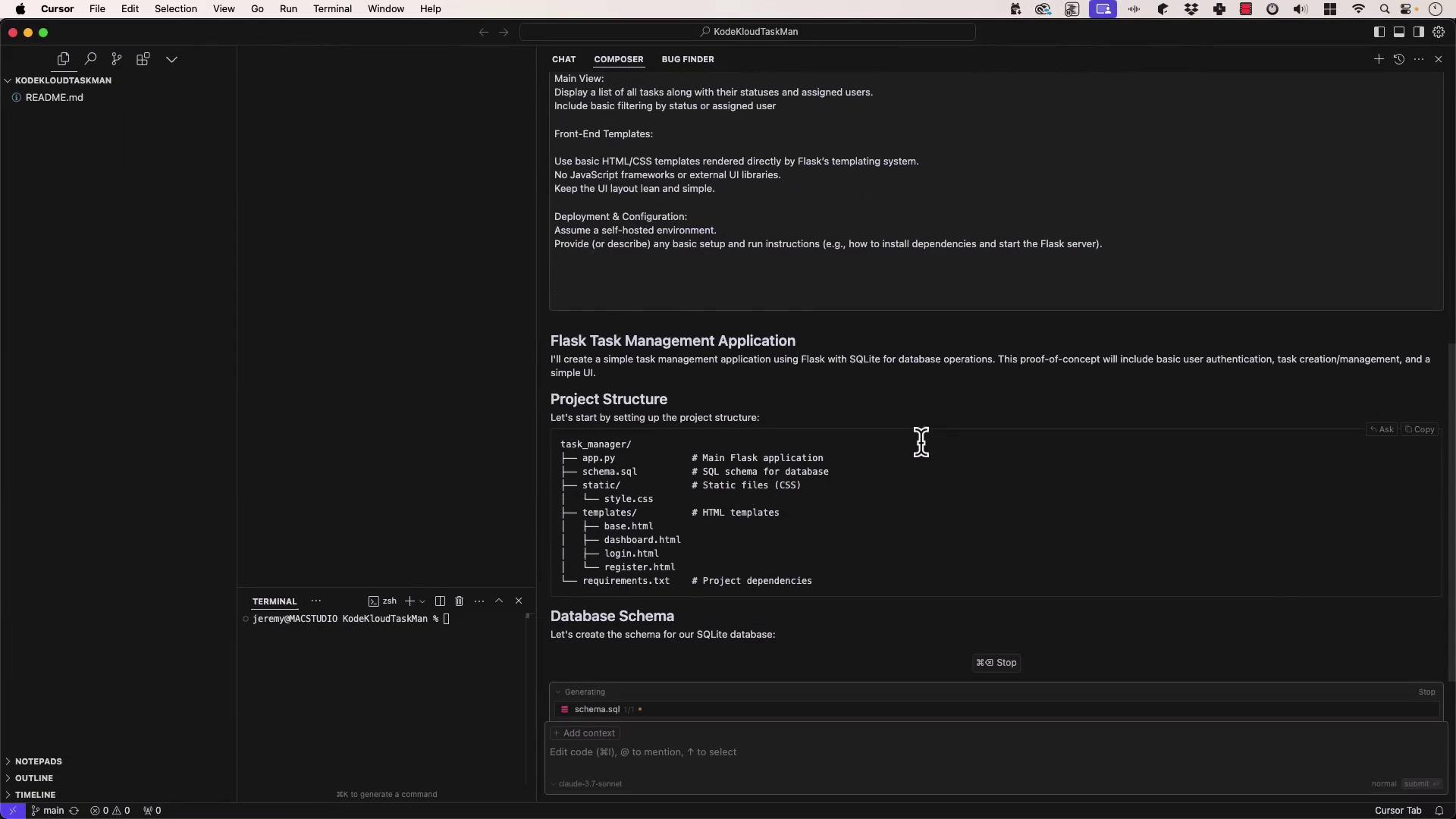 The image shows a code editor with a project structure for a Flask task management application, including details about the main application, database schema, static files, HTML templates, and project dependencies.