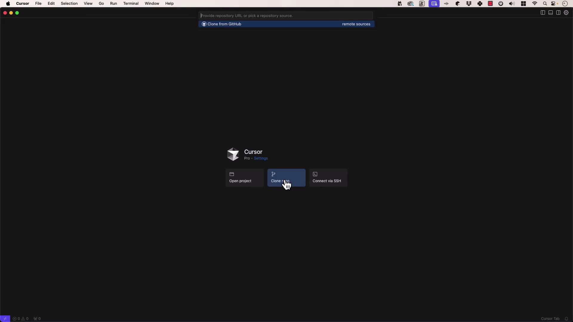 The image shows a software interface with options to open a project, clone a repository, or connect via SSH. A cursor is hovering over the "Clone repo" button.